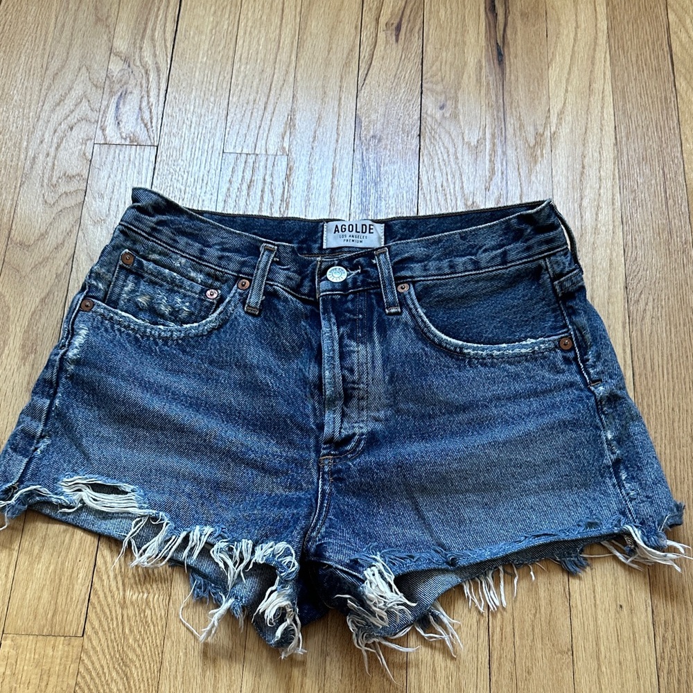 Agolde Dark Blue Distressed Denim Cutoff Shorts